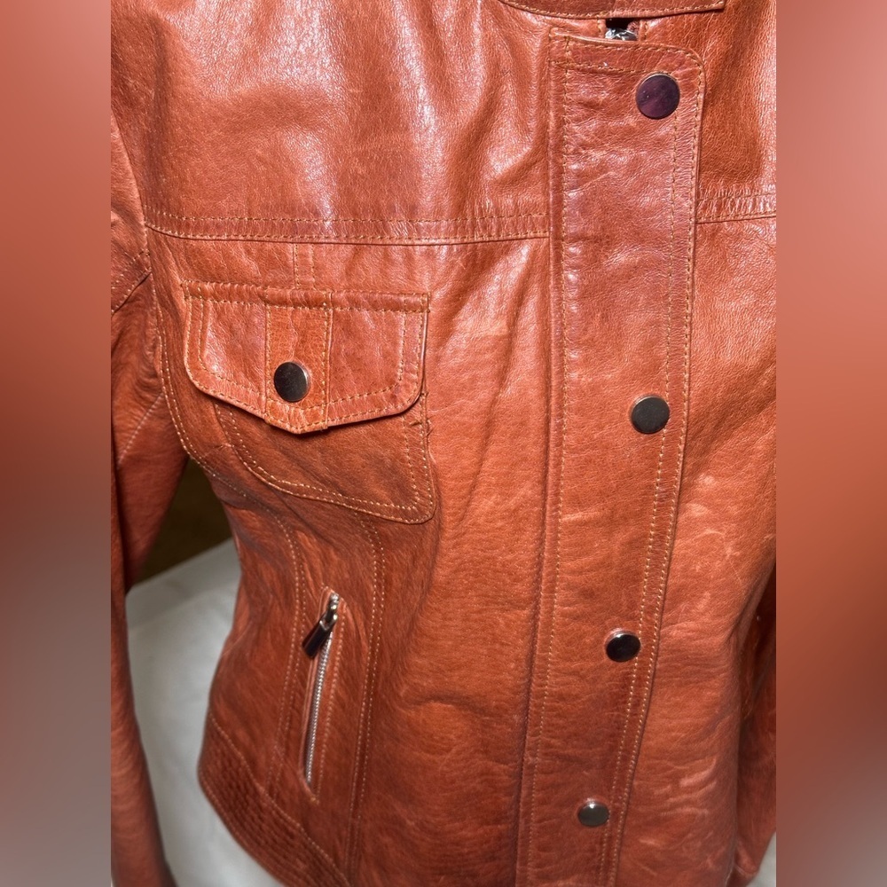 Tahari Women's Dark Burnt Orange Lamb Leather Jacket Medium - Picture 4 of 11
